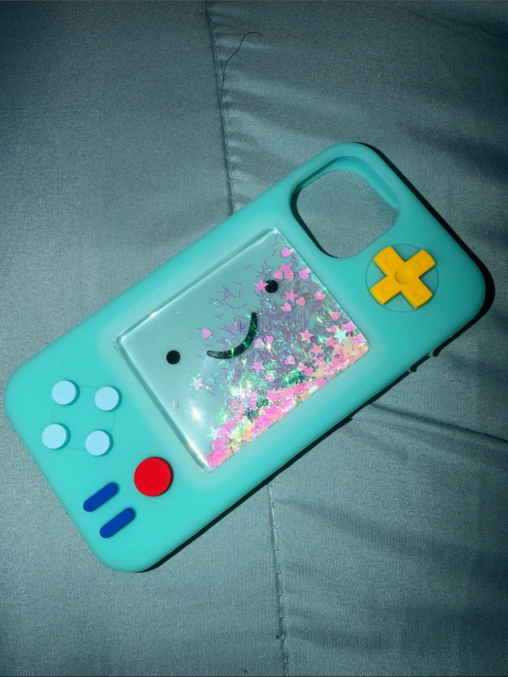 Silicone Game Console Style Phone Case with Glitter Screen - Teal **IPHONE15